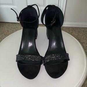 Black and Silver block heeled ankle strap shoes